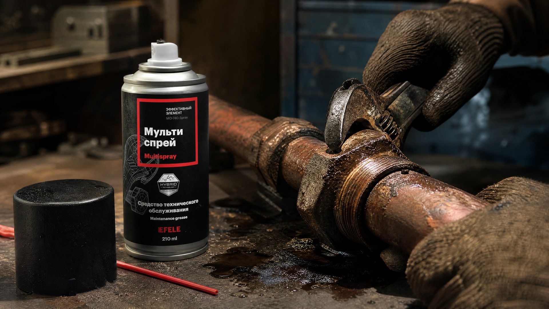 Рука наносит EFELE MO-740 Spray (мультиспрей) для облегчения демонтажа фиксатора.