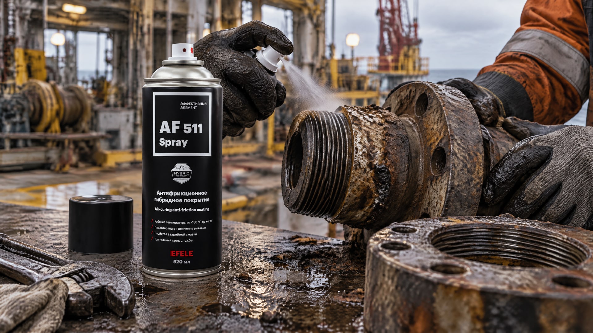 Рабочий наносит антизадирное покрытие EFELE AF-511 Spray на сталь.