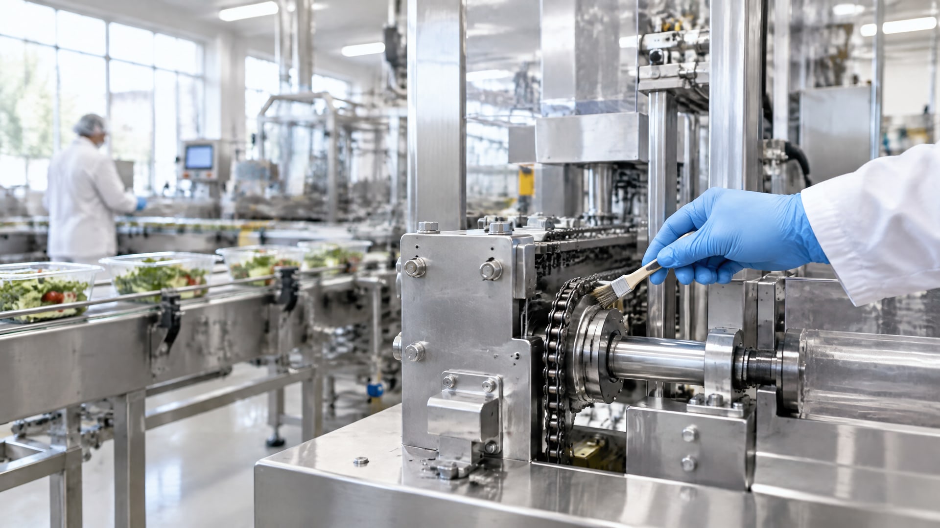 Оператор наносит смазку пищевую nsf h1 на механизм фасовочной машины.