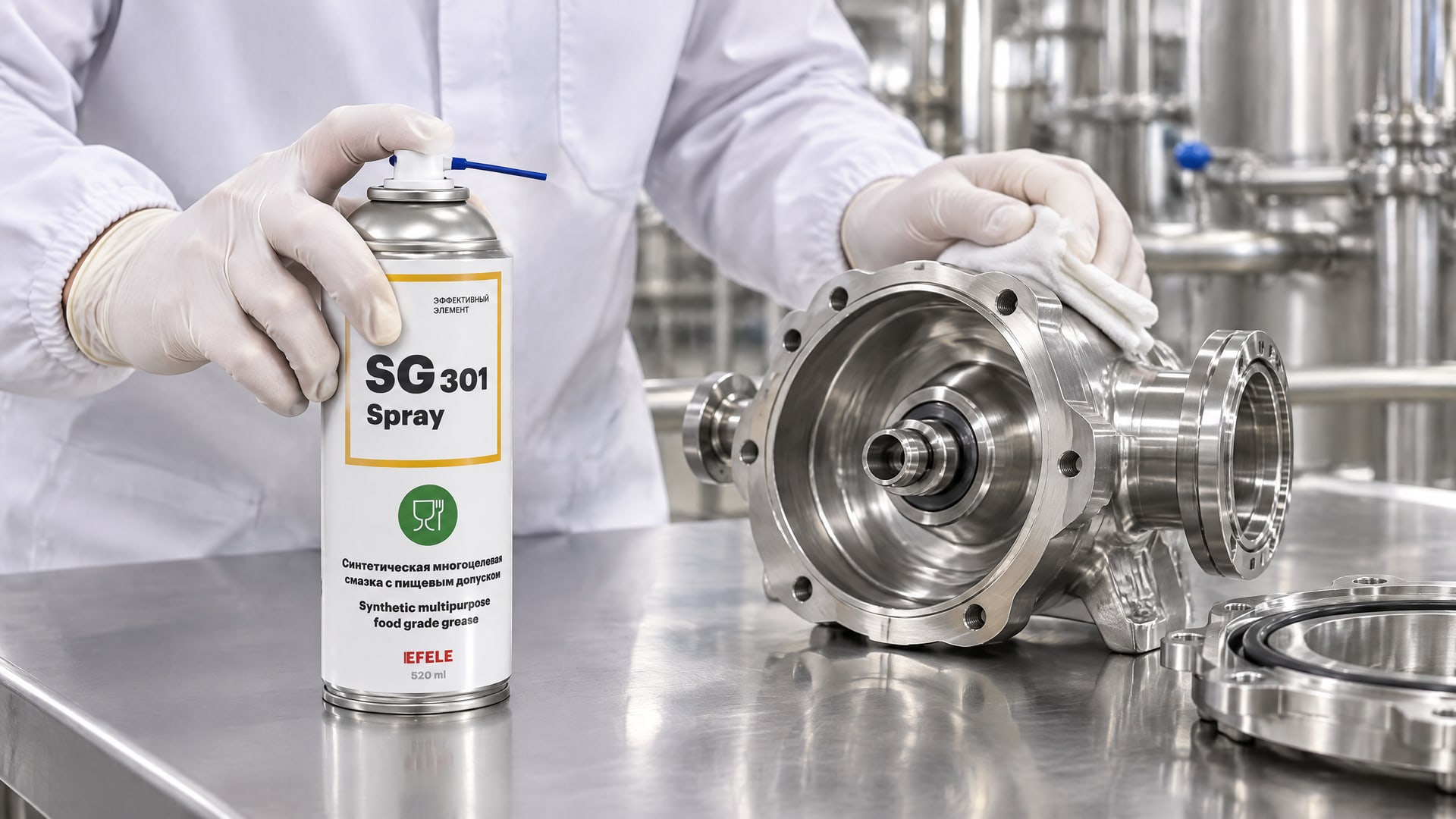 Рука в перчатке наносит EFELE SG-301 Spray (NSF H1) - смазку для пищевого оборудования.