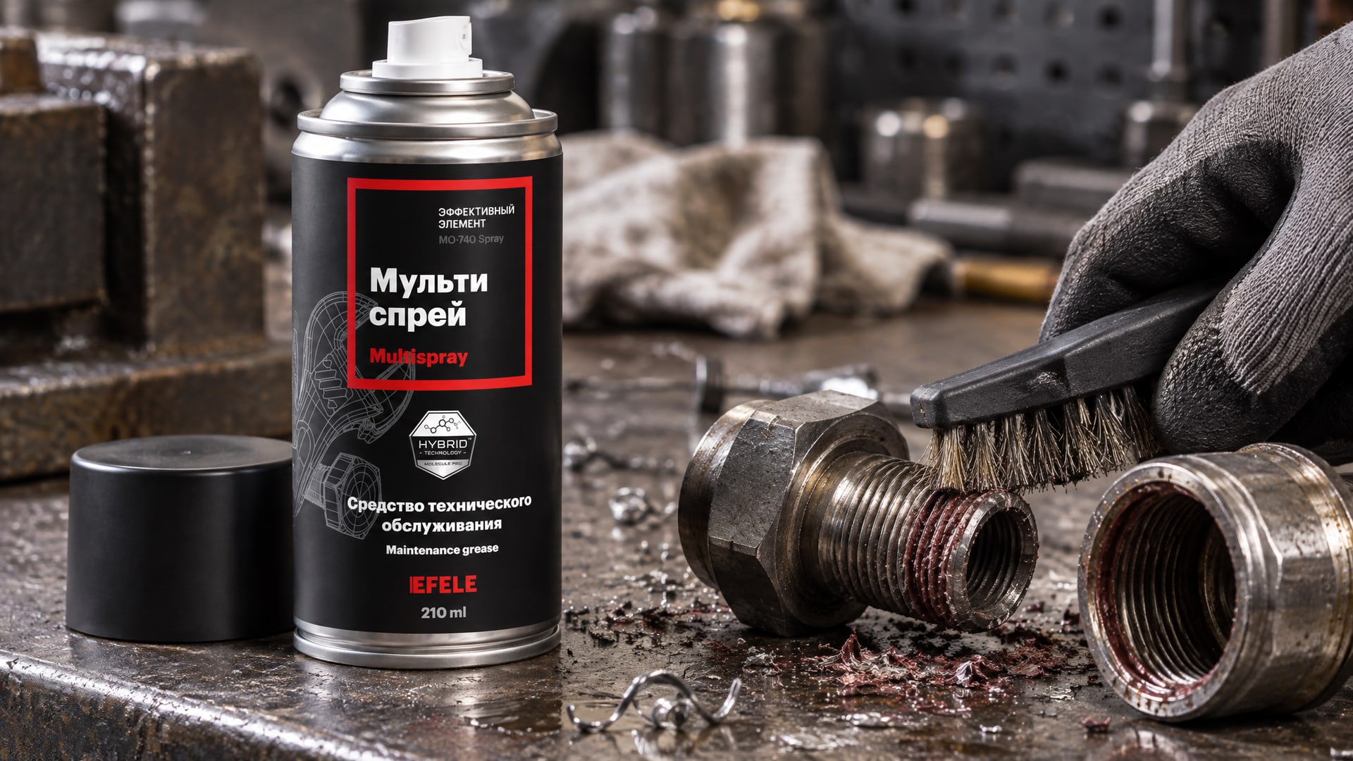 Рука в перчатке наносит EFELE MO-740 Spray, чтобы удалить анаэробный герметик.