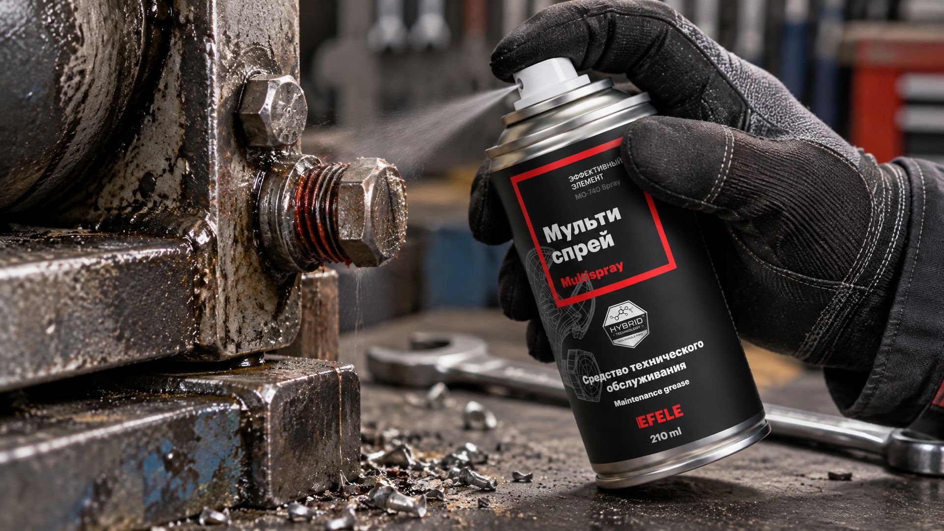 Рука в перчатке наносит мультиспрей EFELE MO-740 Spray на болт.