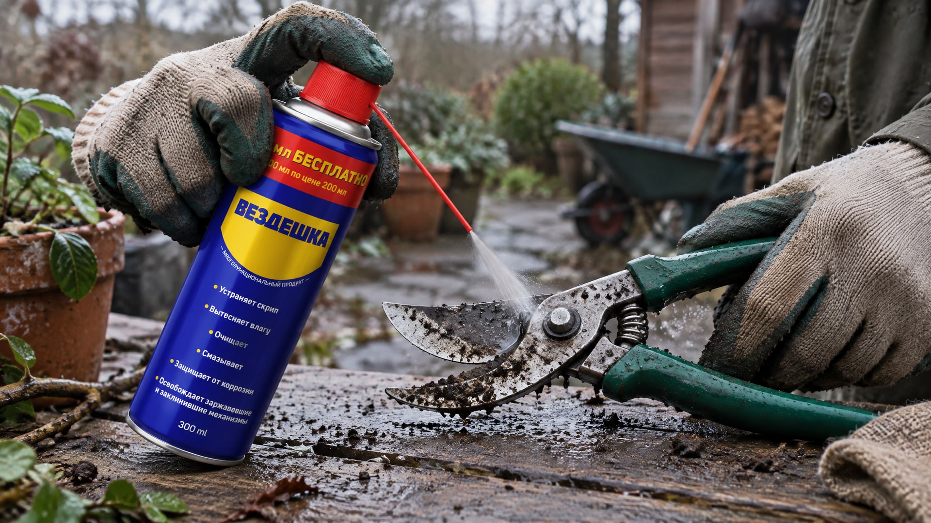 Рука в перчатке наносит универсальную смазку wd-40 на инструмент.