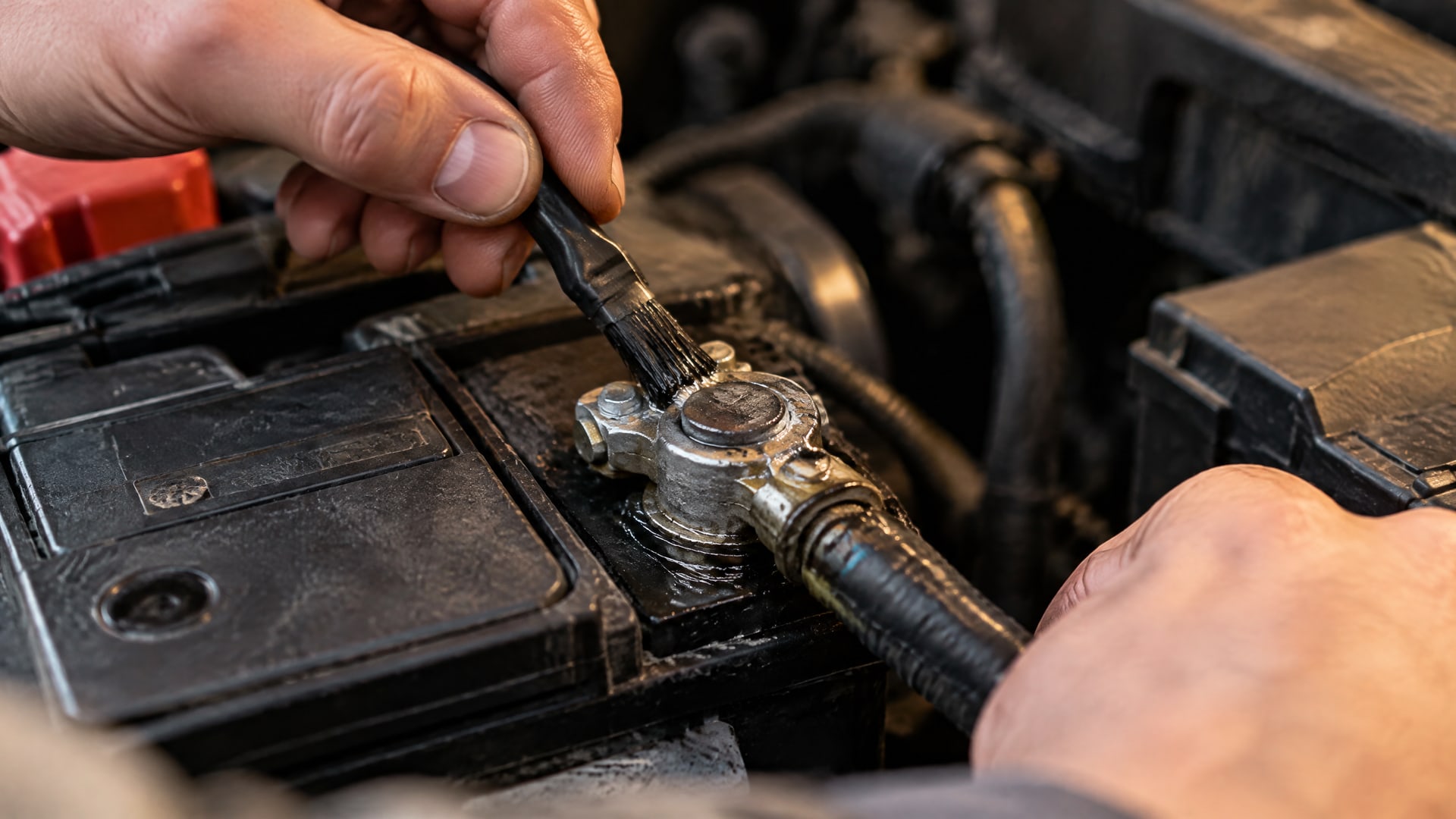 Клемма аккумулятора и болт, покрытый тонким слоем WD-40, соединены.