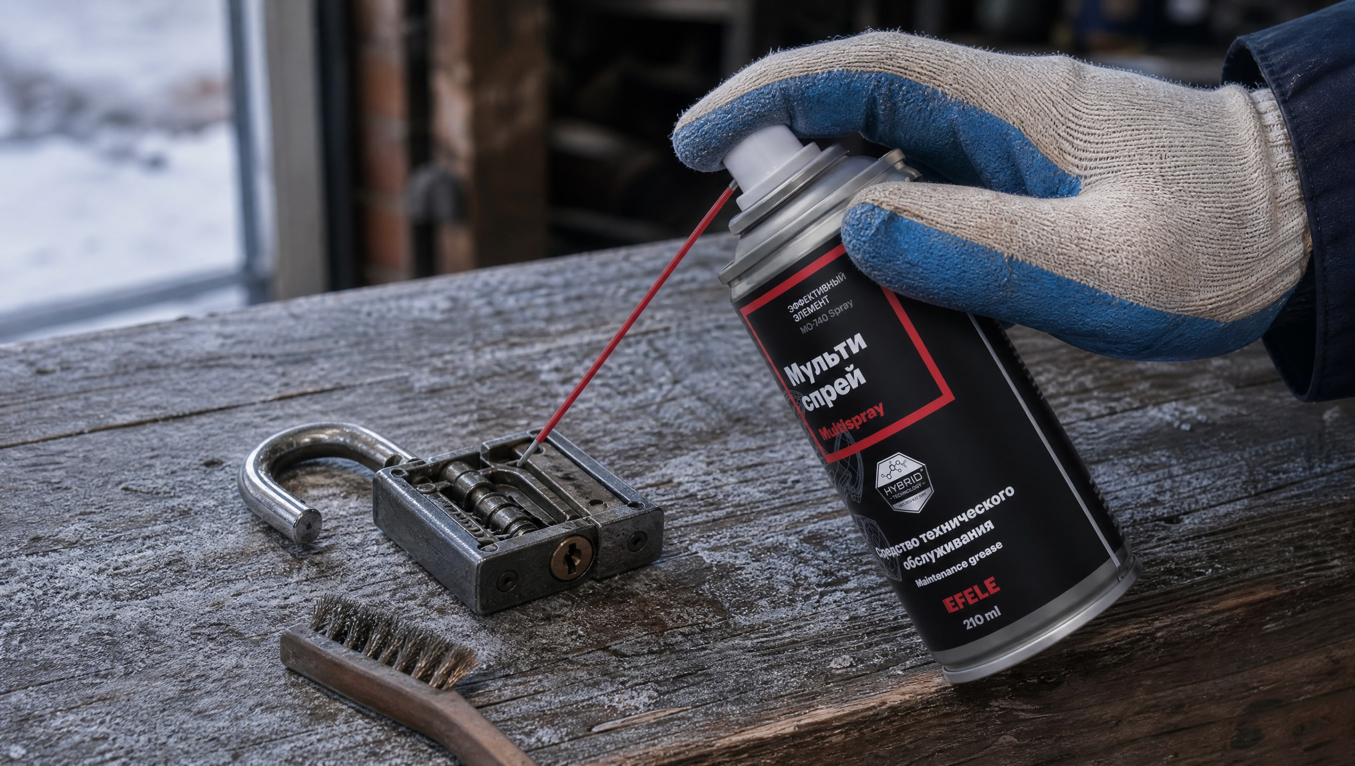Рука в перчатке смазывает навесной замок мультиспреем EFELE MO-740 Spray.