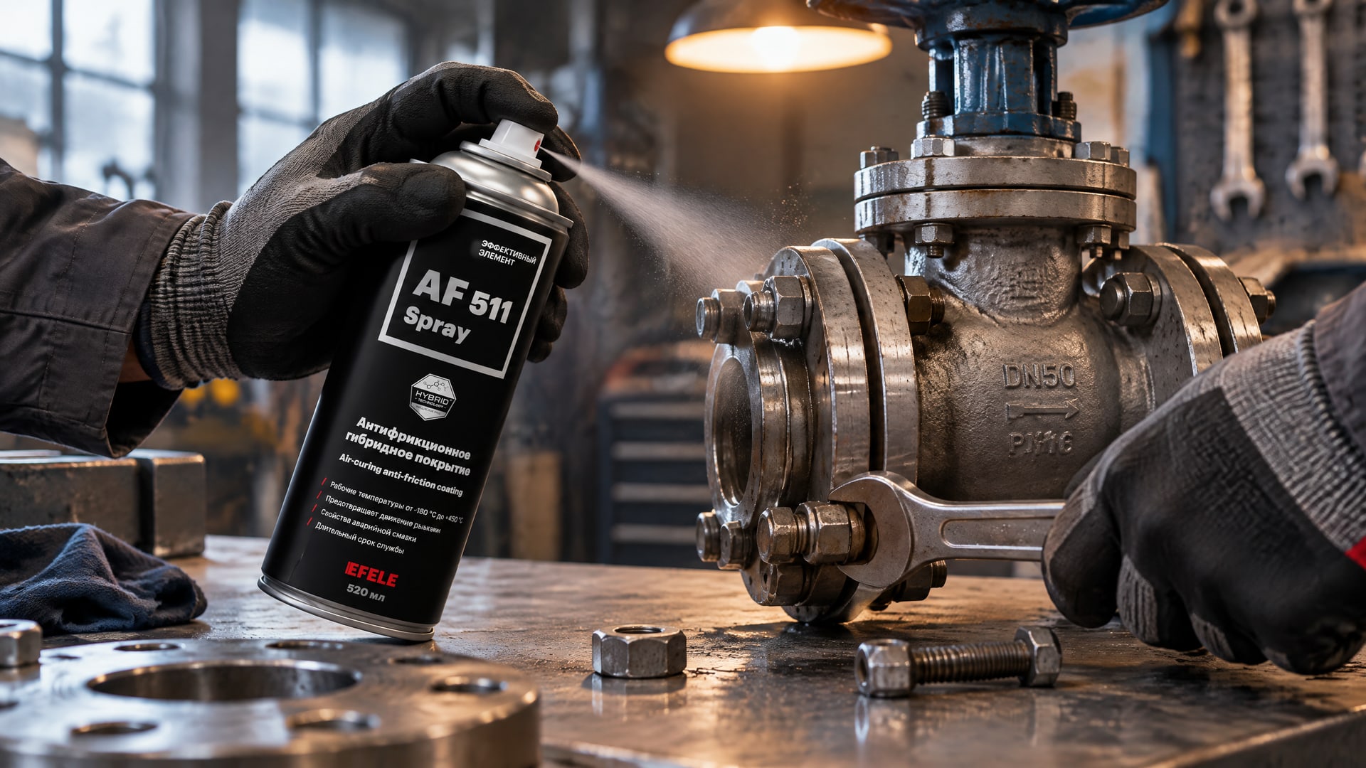 Рука в перчатке наносит EFELE AF-511 Spray на резьбовой крепеж.