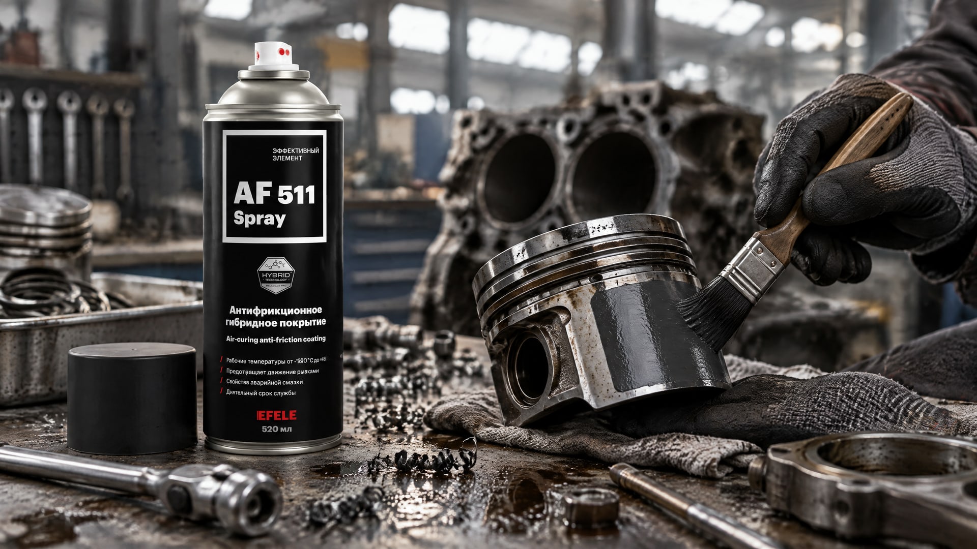 Нанесение EFELE AF-511 Spray на поршни двигателя, снижающее трение.
