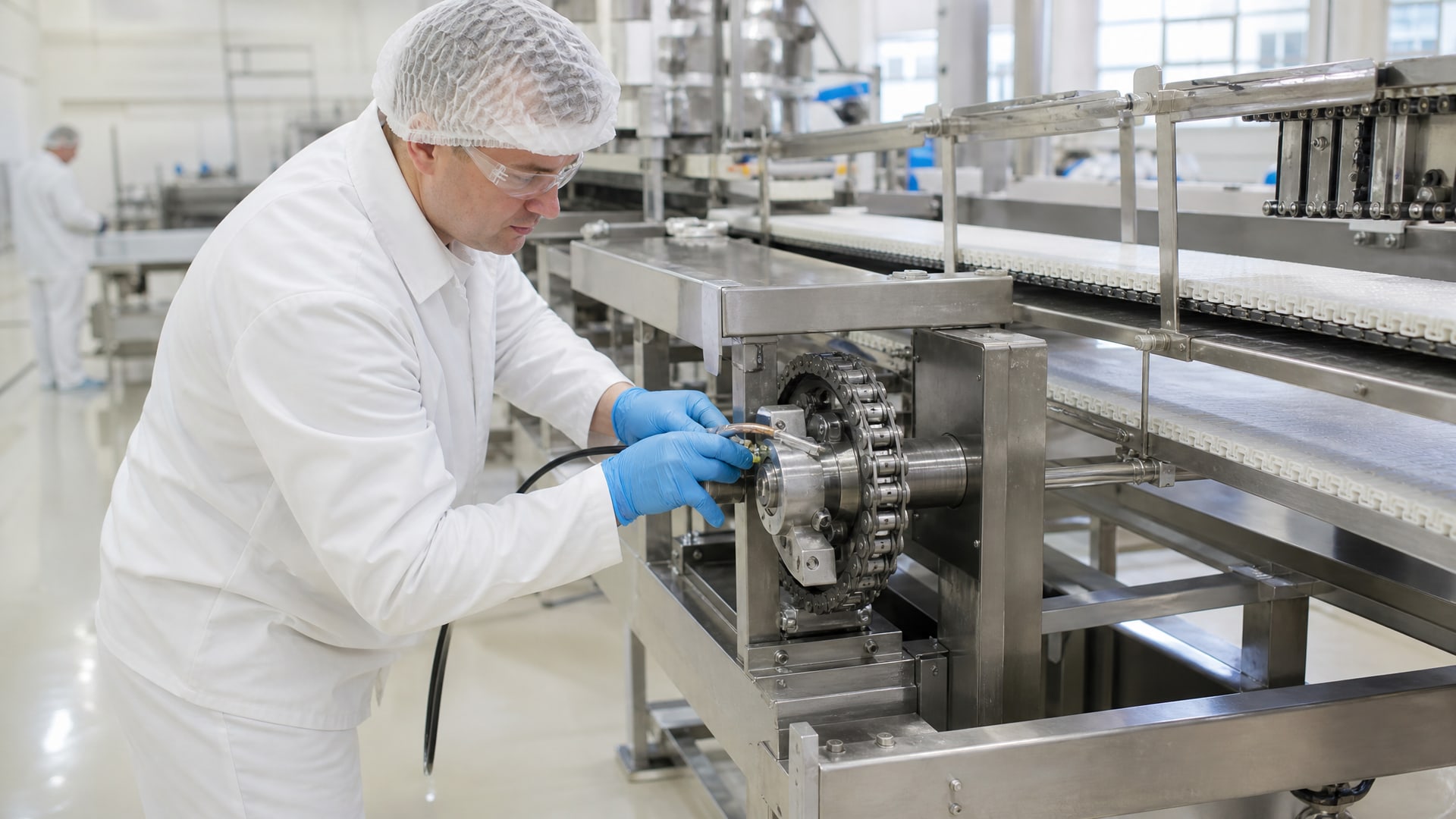 Чистый цех по защите пищевых продуктов со станками и конвейерами из нержавеющей стали.