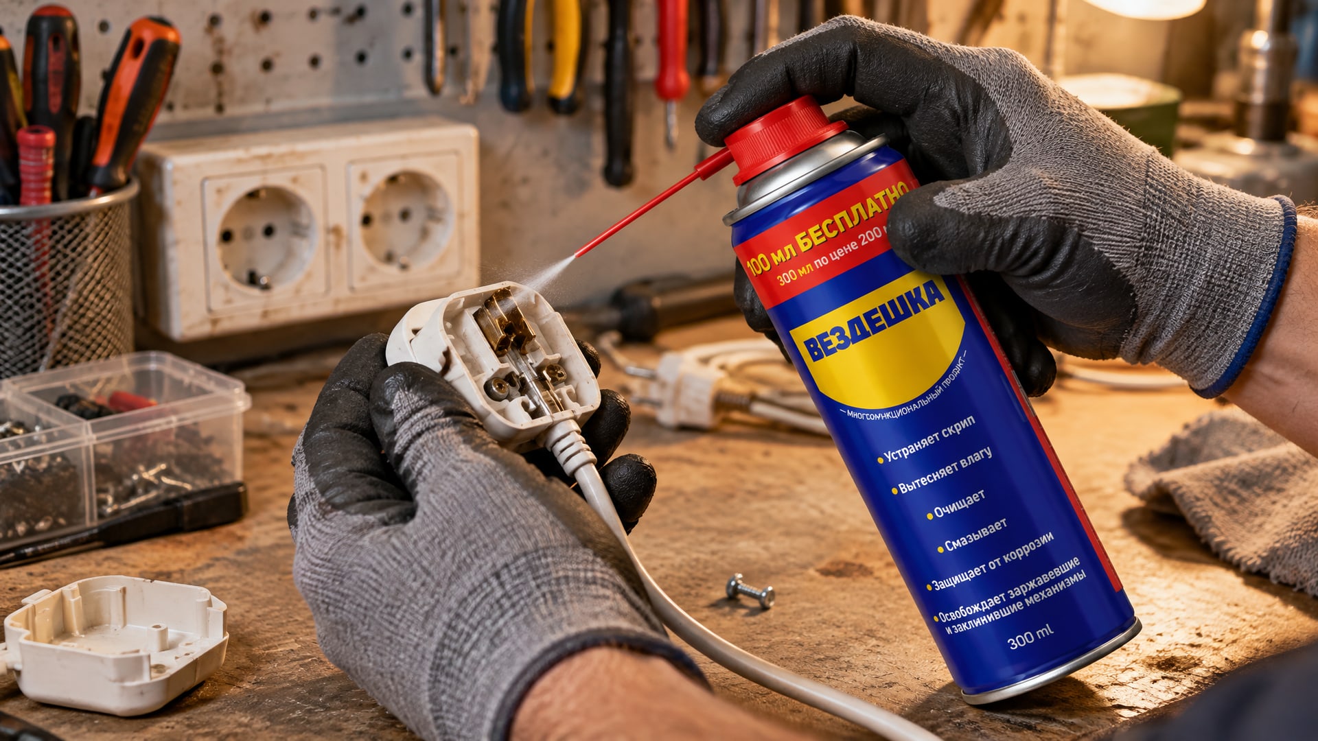 Рука в перчатке наносит универсальную смазку WD40.
