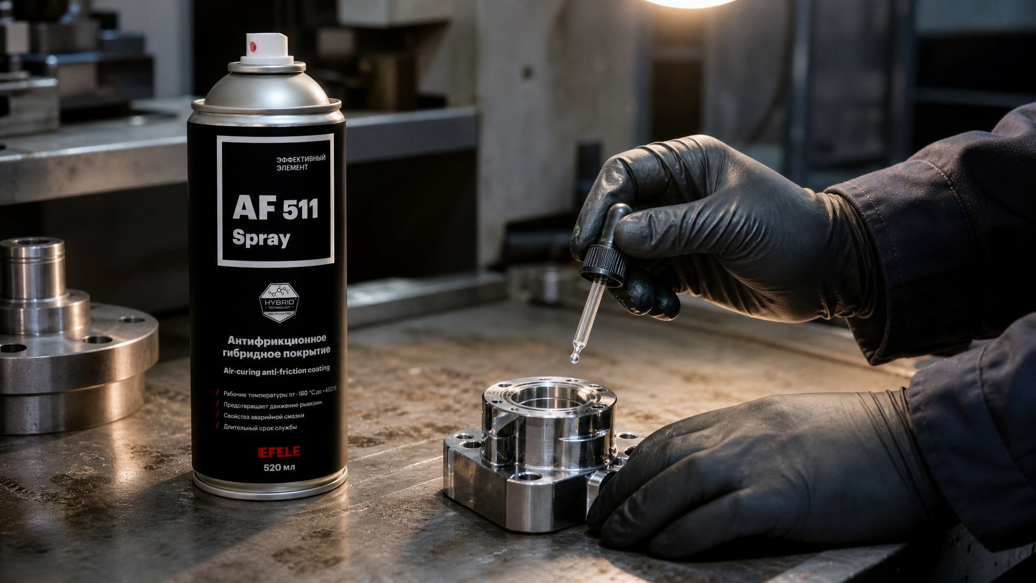 Рука наносит антифрикционное сухое EFELE AF-511 Spray на деталь.