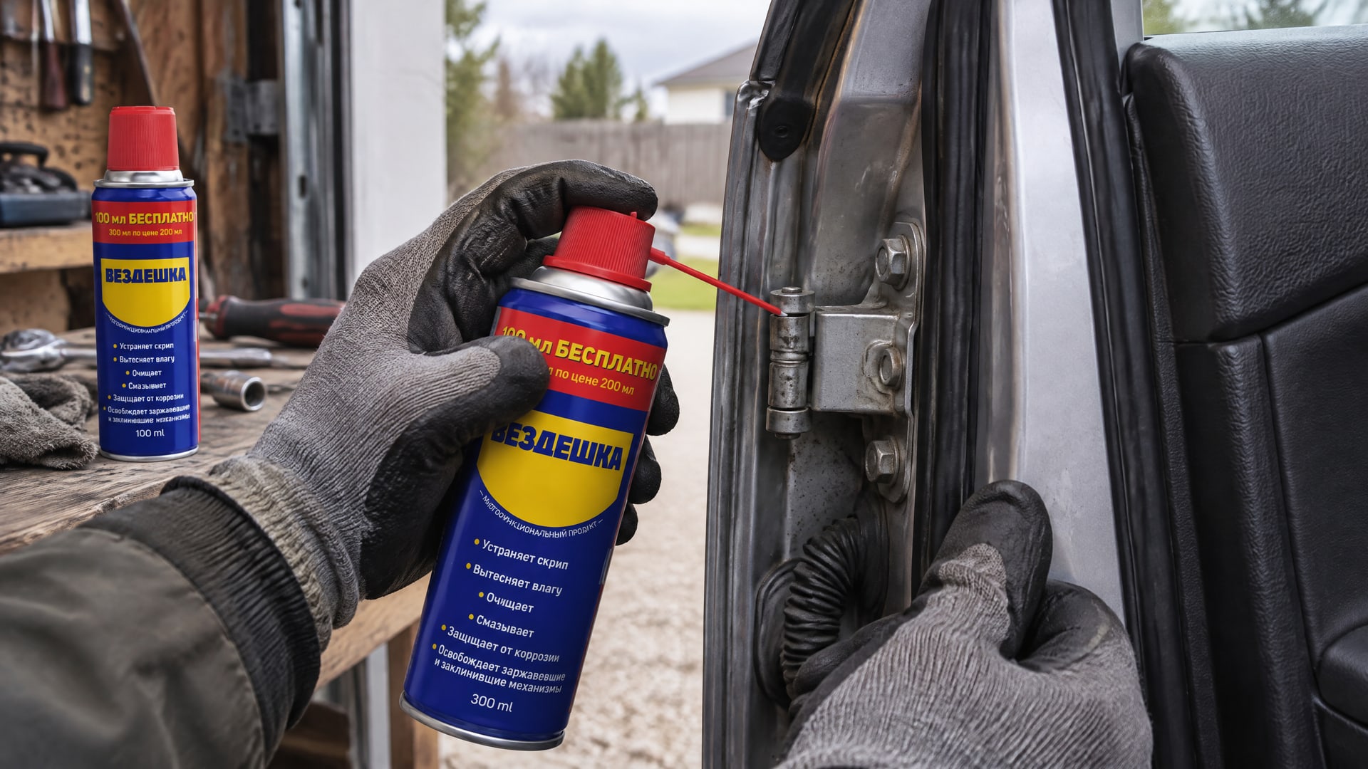 Рука в перчатке наносит универсальную смазку wd-40 на петли.