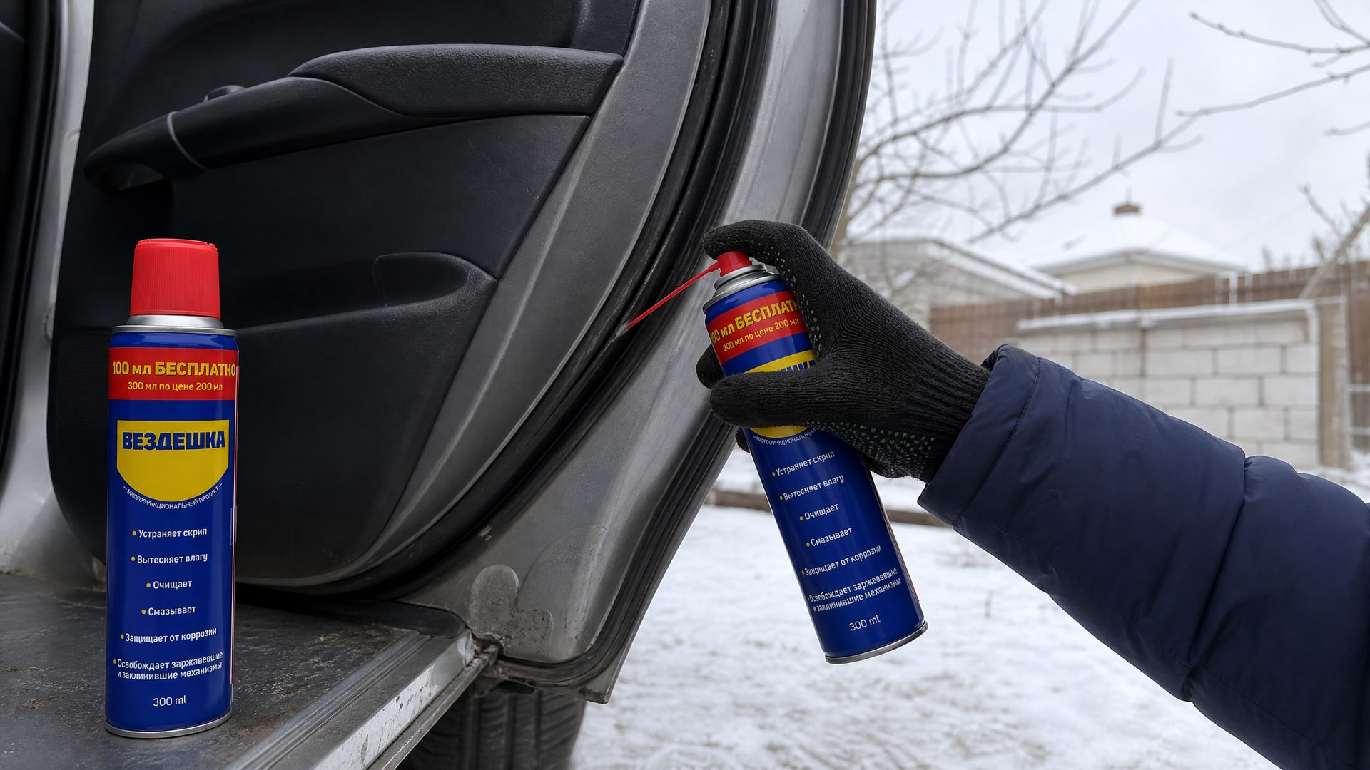Рука в перчатке наносит универсальную смазку WD-40.