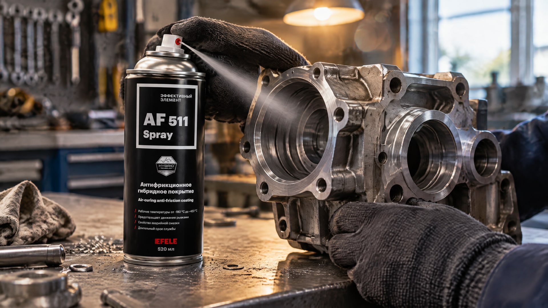 Рука наносит антифрикционное покрытие EFELE AF-511 Spray на деталь.