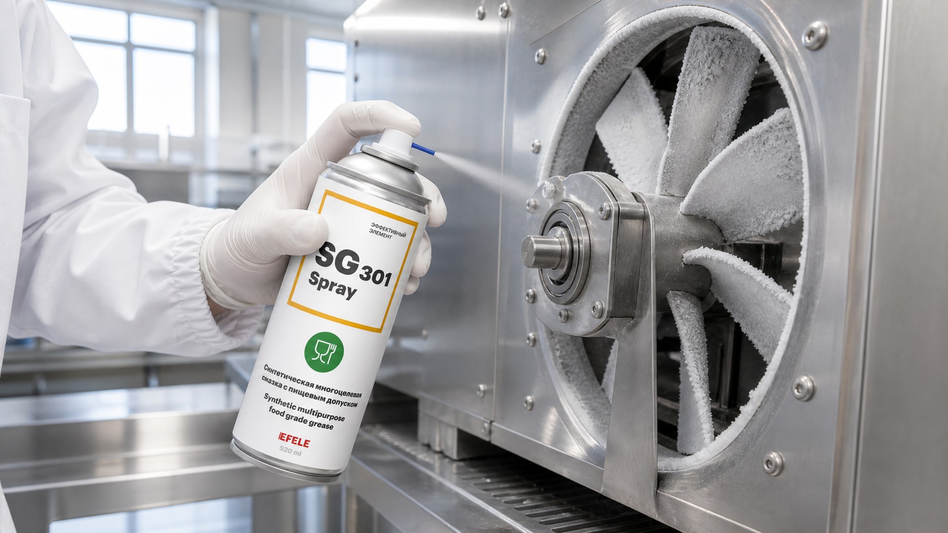 Рука наносит смазку EFELE SG-301 Spray (NSF H1) на упаковку продукта.
