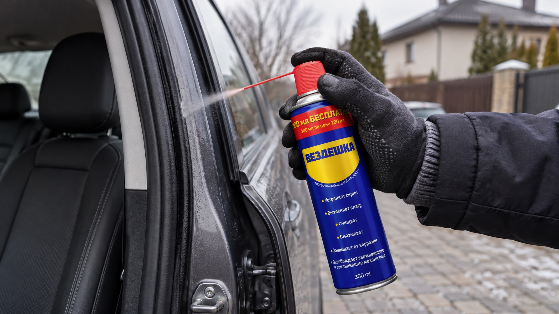 Рука в перчатке наносит универсальную смазку WD-40 на уплотнитель двери.