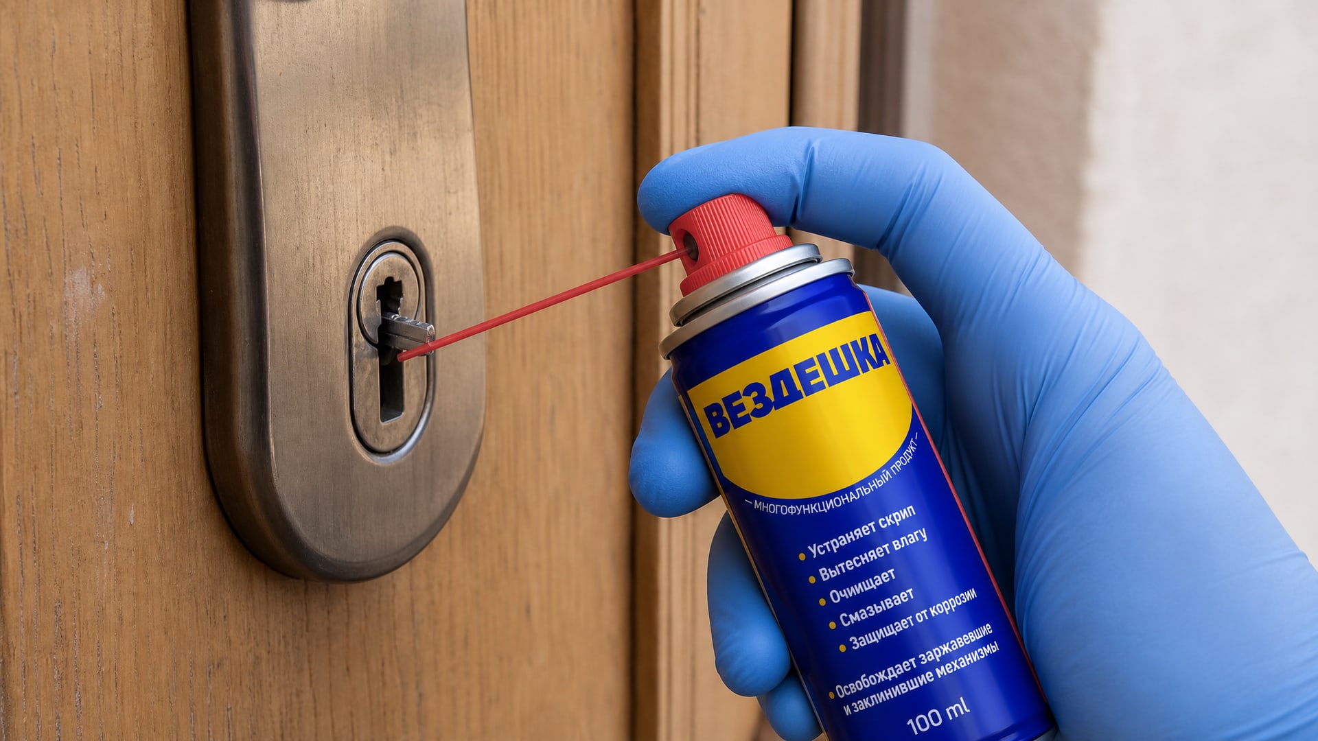 Рука наносит универсальную смазку wd-40 на замок от ключа.