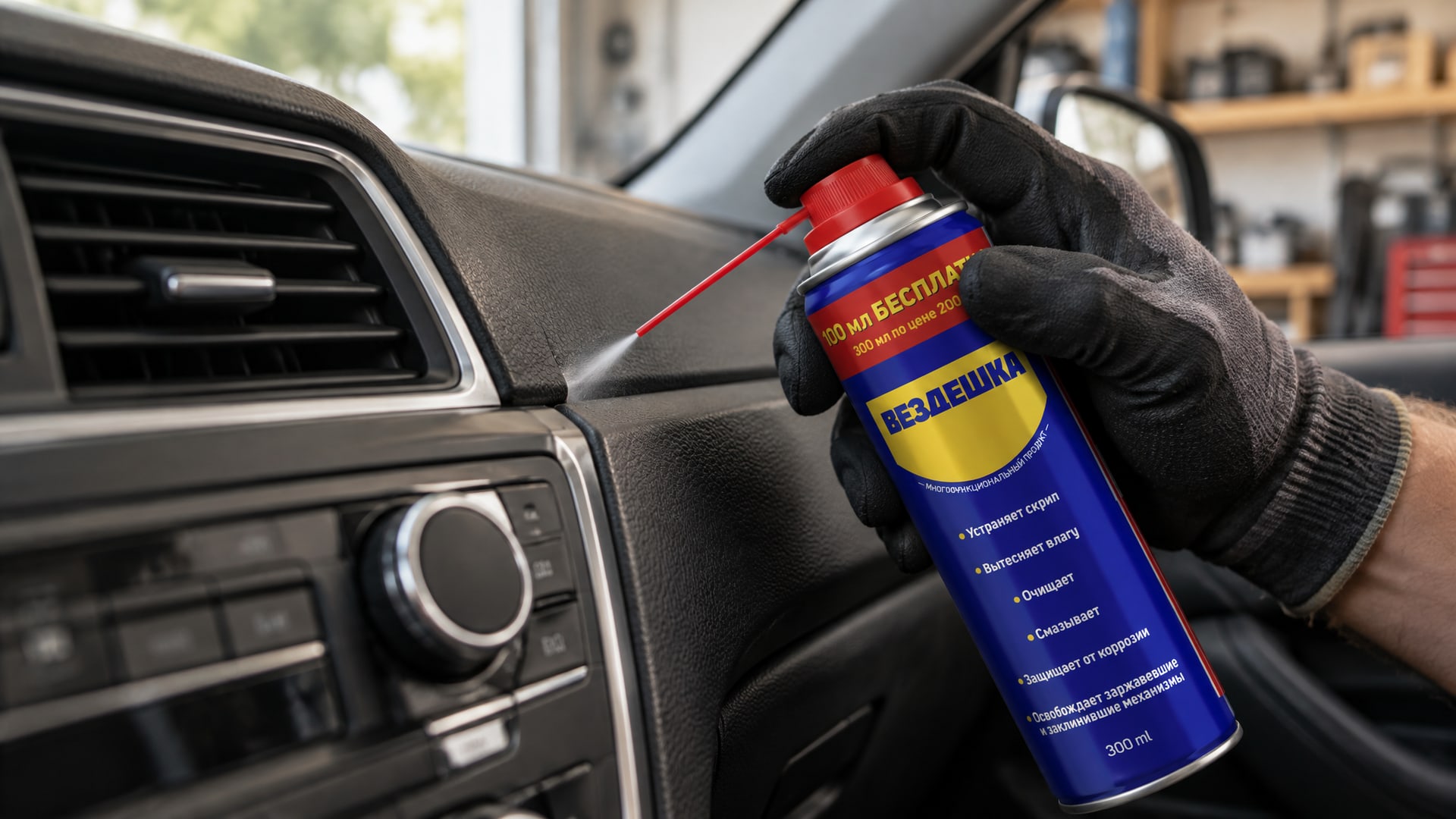 Рука в перчатке наносит универсальную смазку WD40 на пластиковые детали.