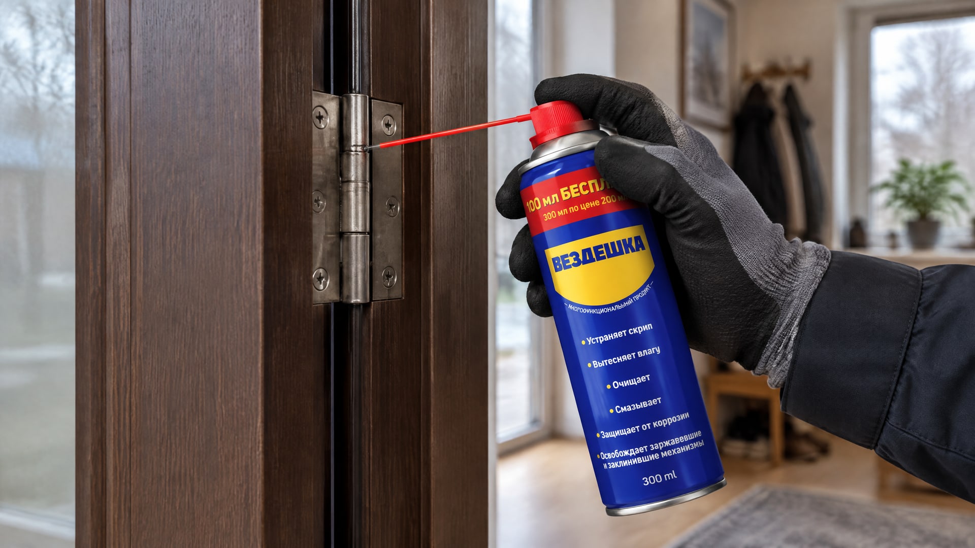 Рука в перчатке наносит универсальную смазку WD40.