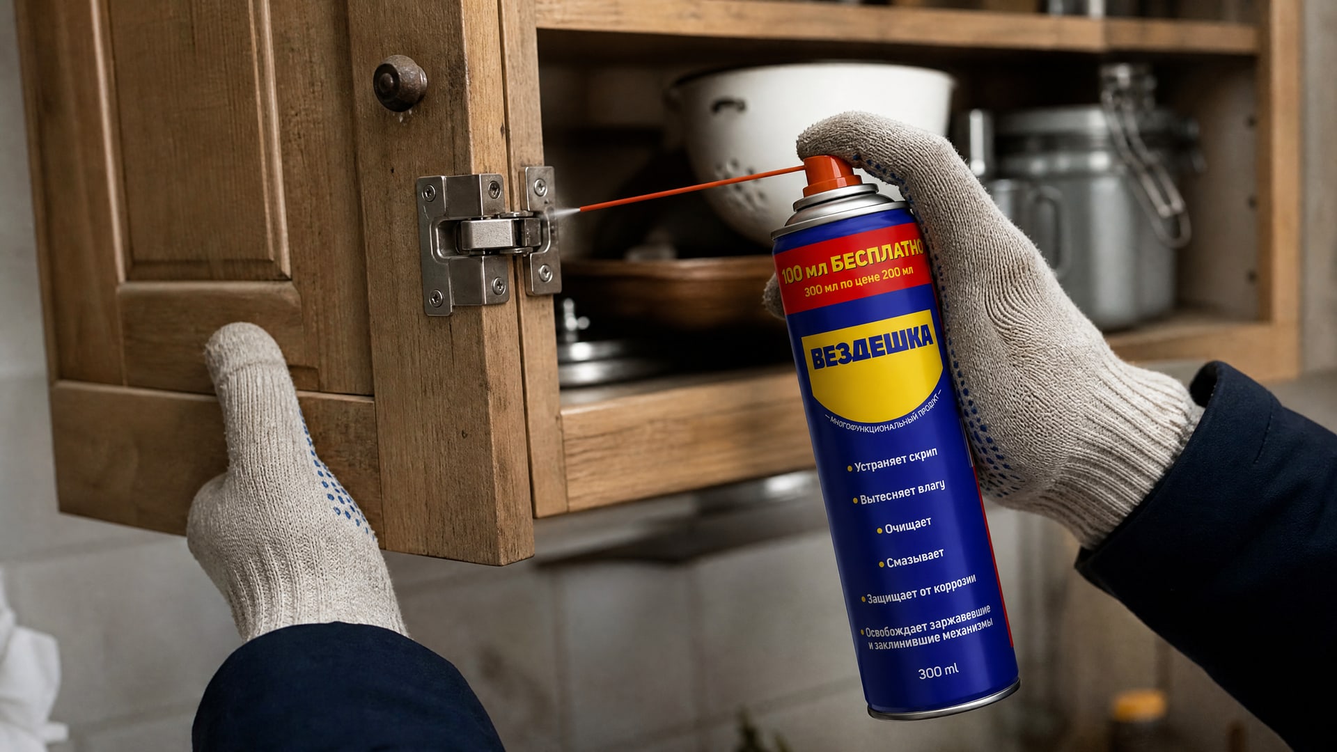 Рука в перчатке наносит универсальную смазку wd-40.