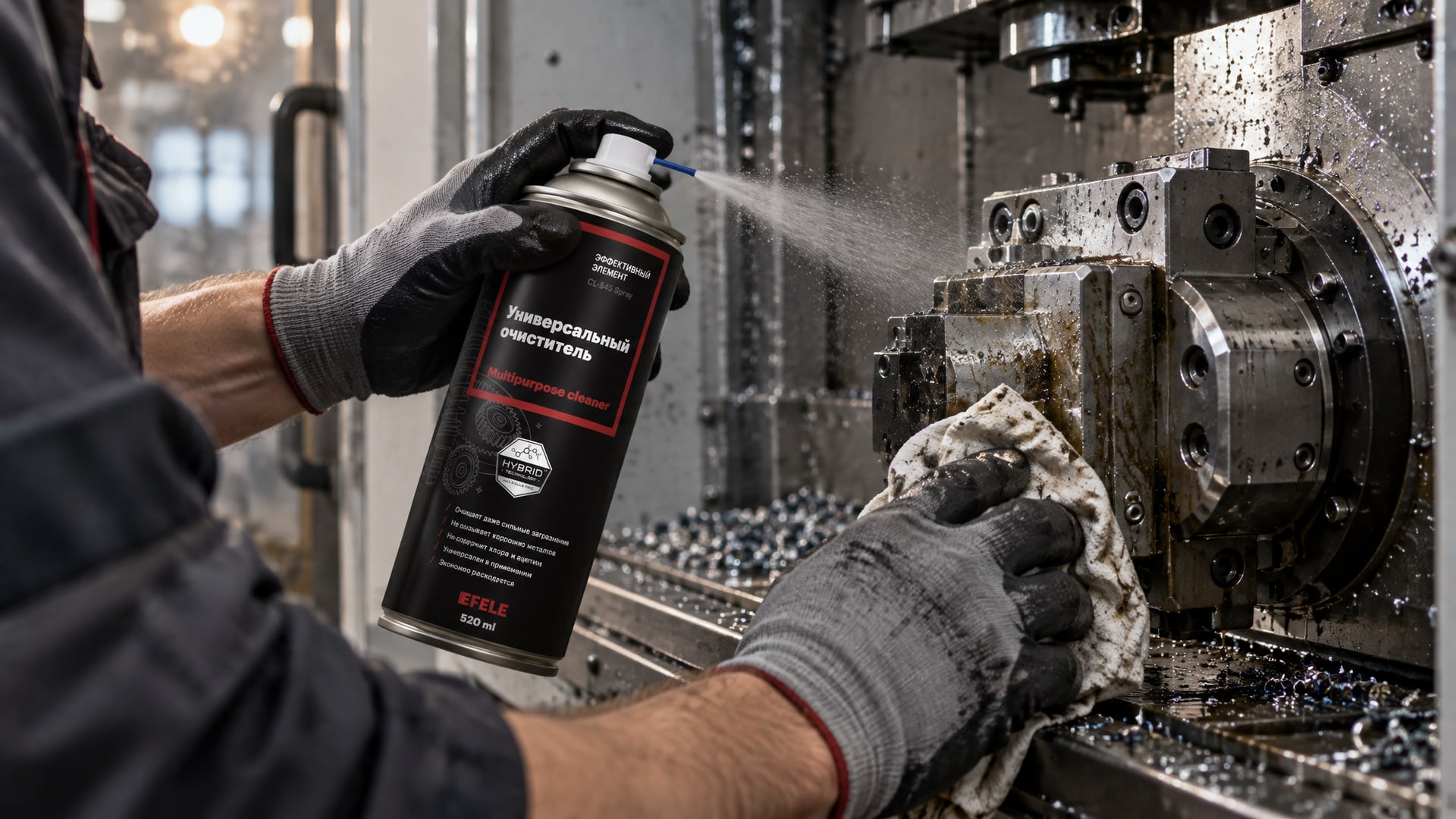 Рука в перчатке наносит EFELE CL-545 Spray для перехода с масляной СОЖ.