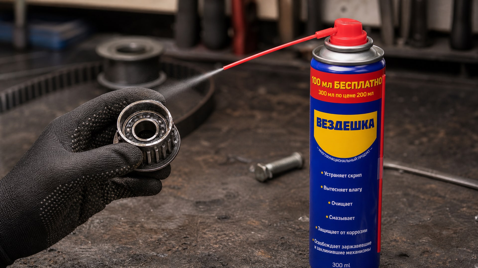 Рука в перчатке наносит универсальную смазку WD40 на подшипник.