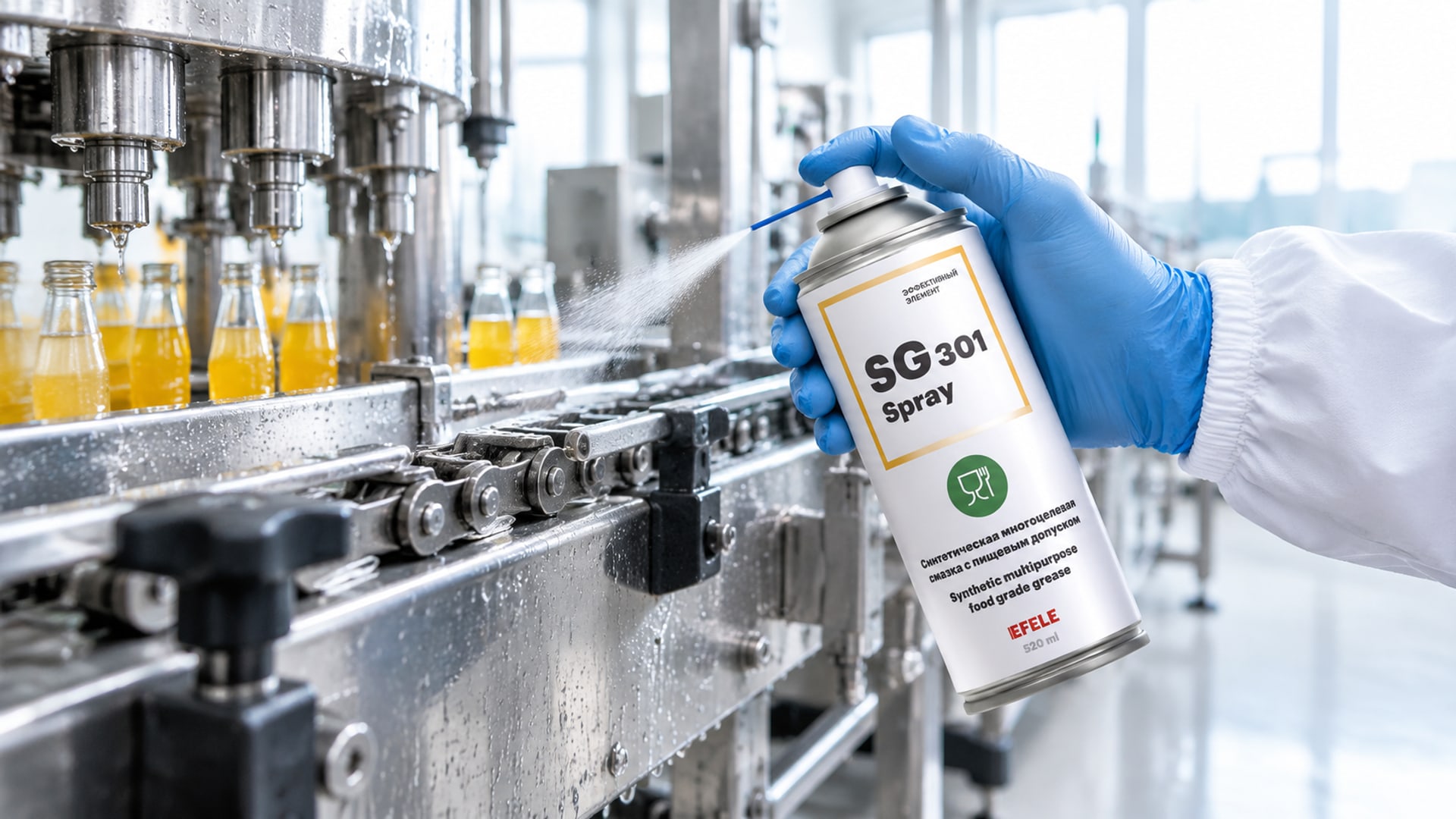 Рука в перчатке наносит смазку пищевую EFELE SG-301 Spray (NSF H1).