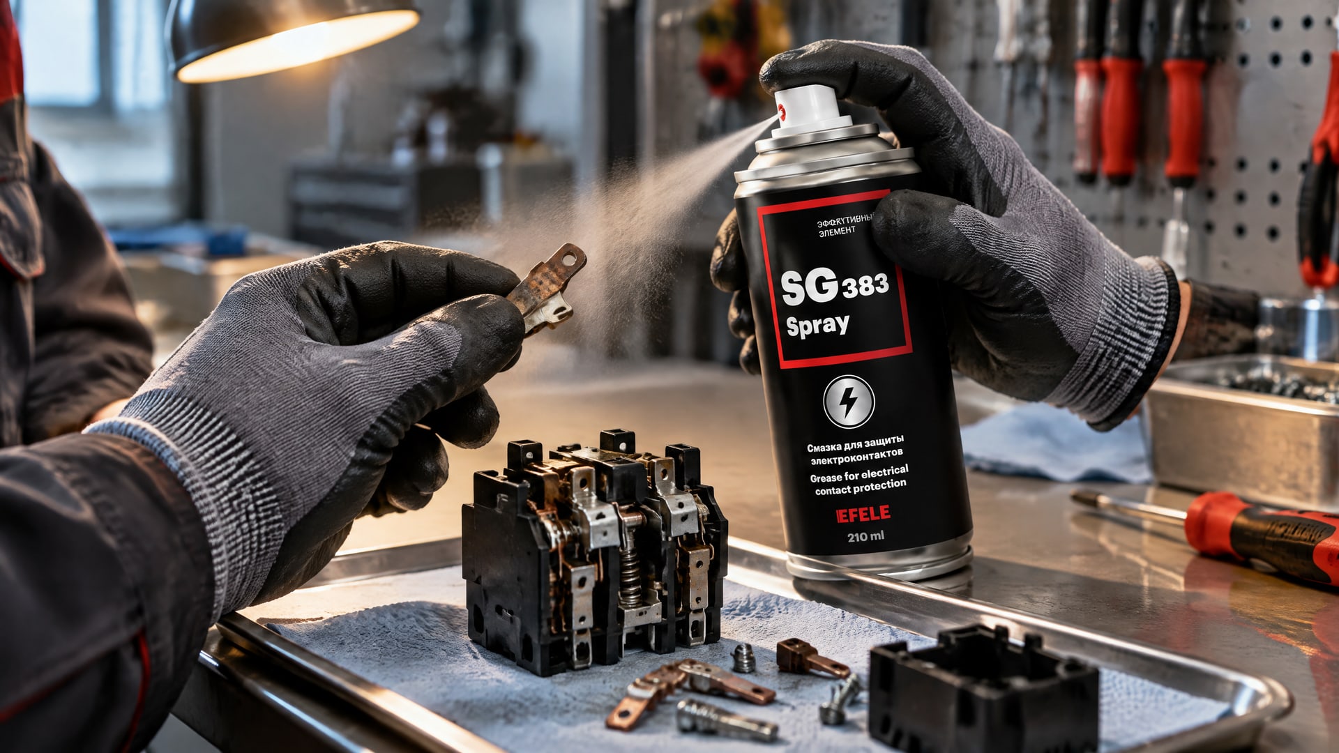 Рука наносит EFELE SG-383 Spray для защиты электроконтактов от соляного тумана.
