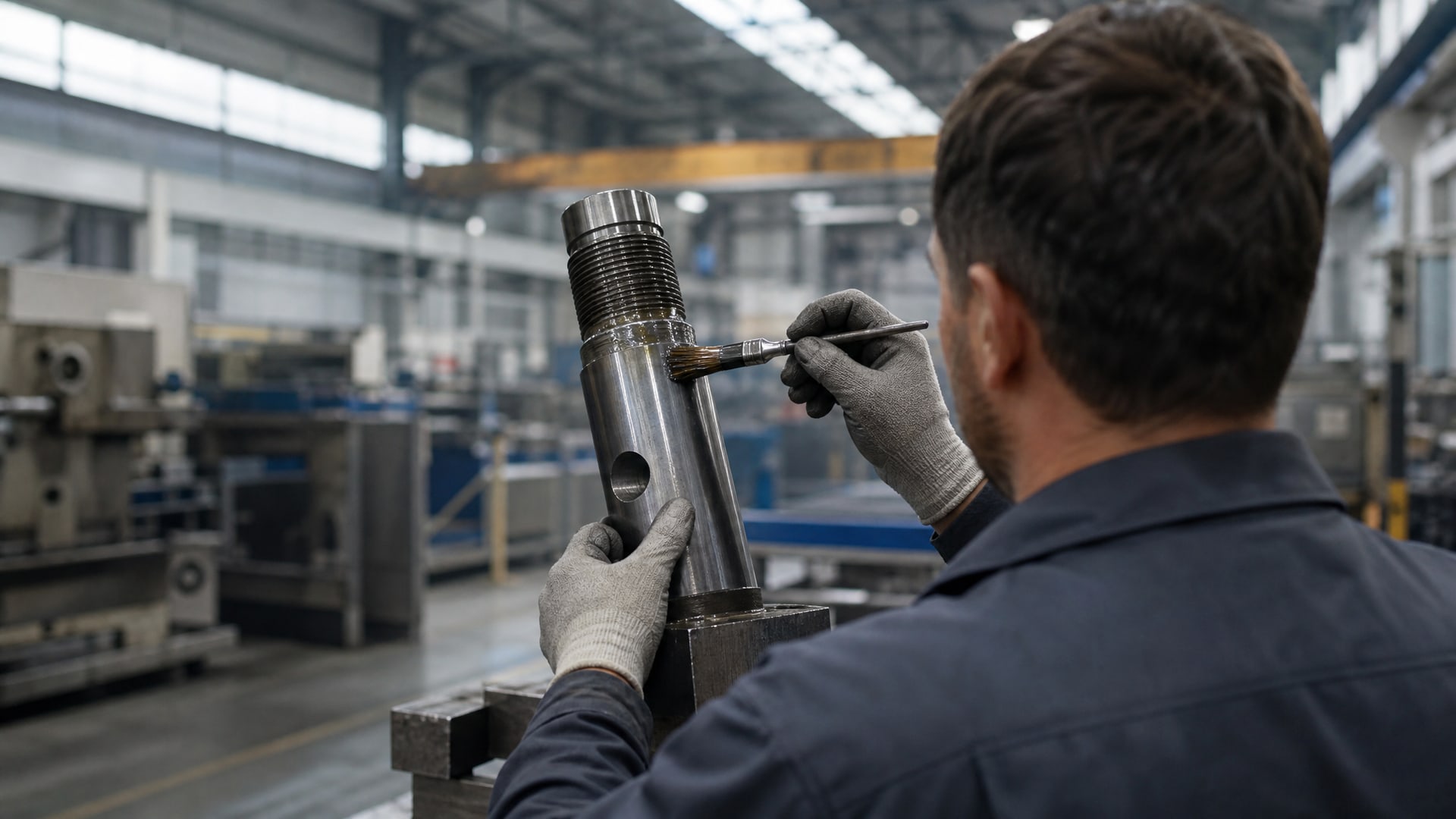Рабочий осматривает обработанную деталь