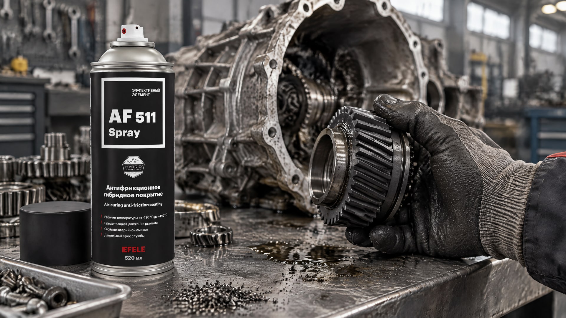 Рука в перчатке наносит EFELE AF-511 Spray (антифрикционное сухое) покрытие.