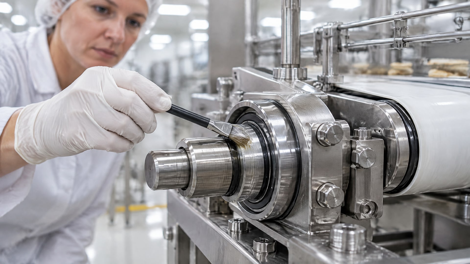 Чистая смазка подшипников конвейера на газовом затворе в пищевом цеху.