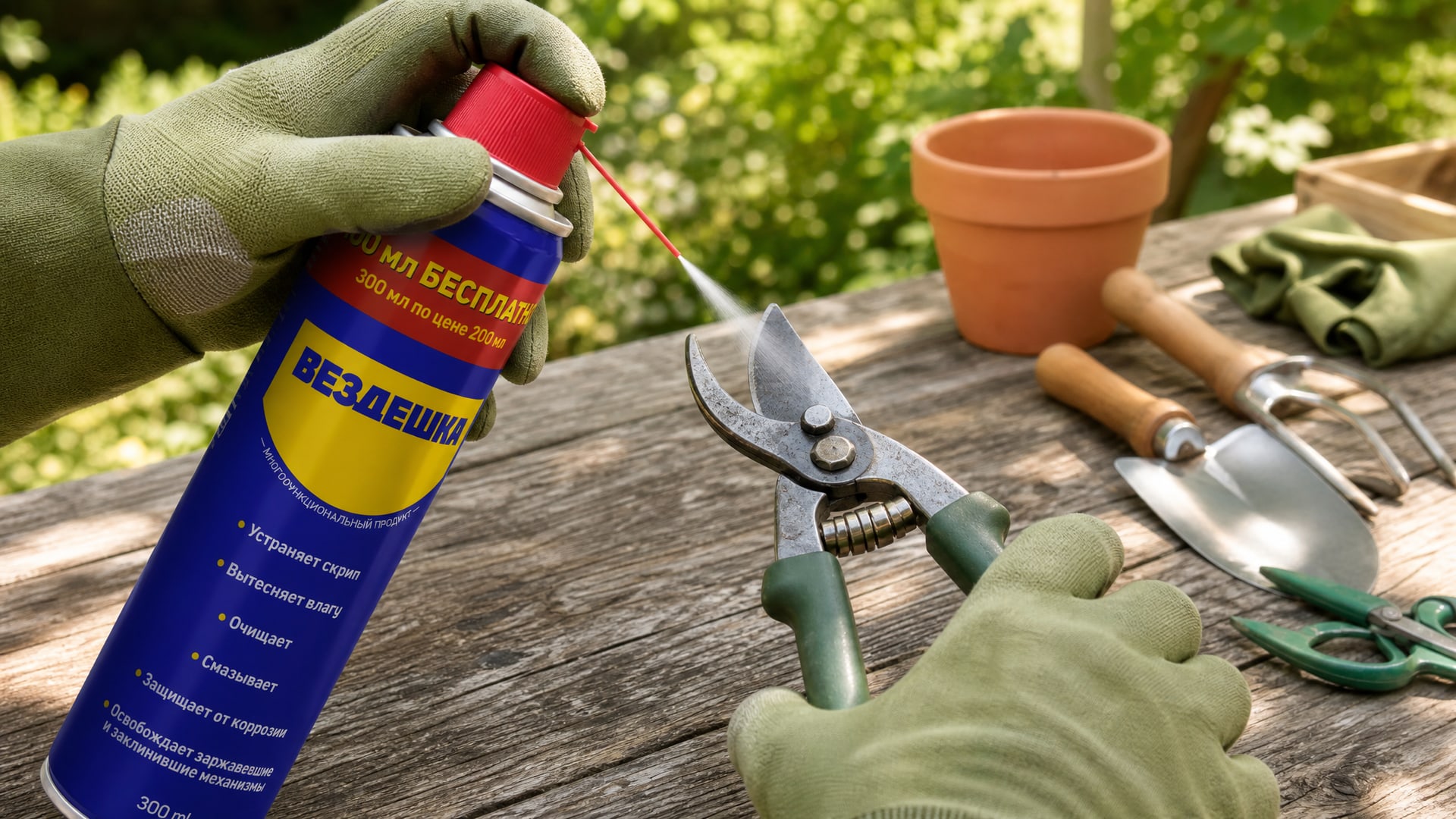 Рука в перчатке наносит универсальную смазку wd-40 на секатор.