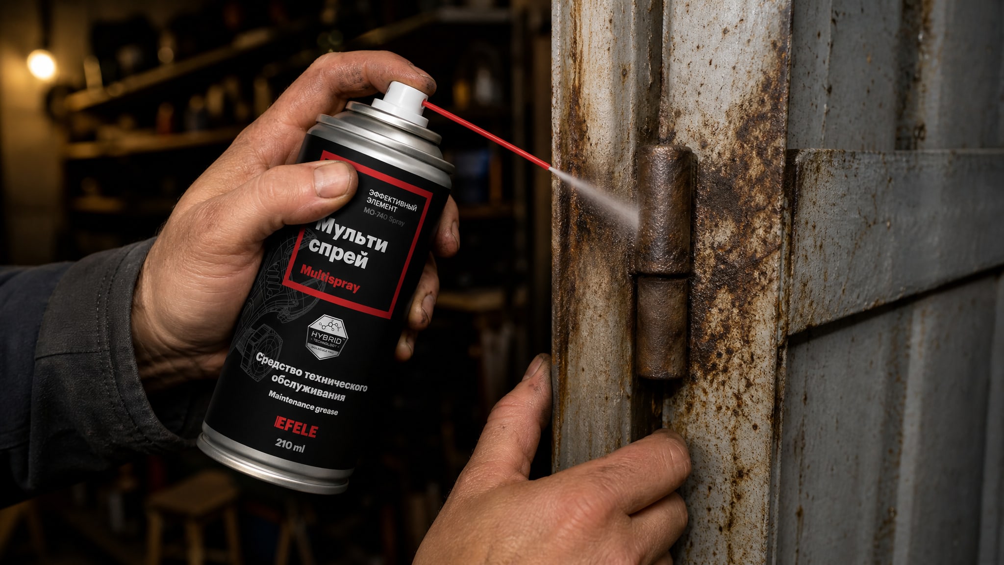 Работник смазывает ржавые петли гаражных дверей мультиспреем EFELE MO-740 Spray.