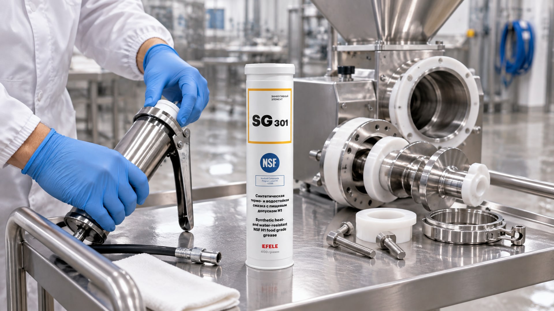 Рука в перчатке наносит EFELE SG-301 на оборудование на пищевом производстве.