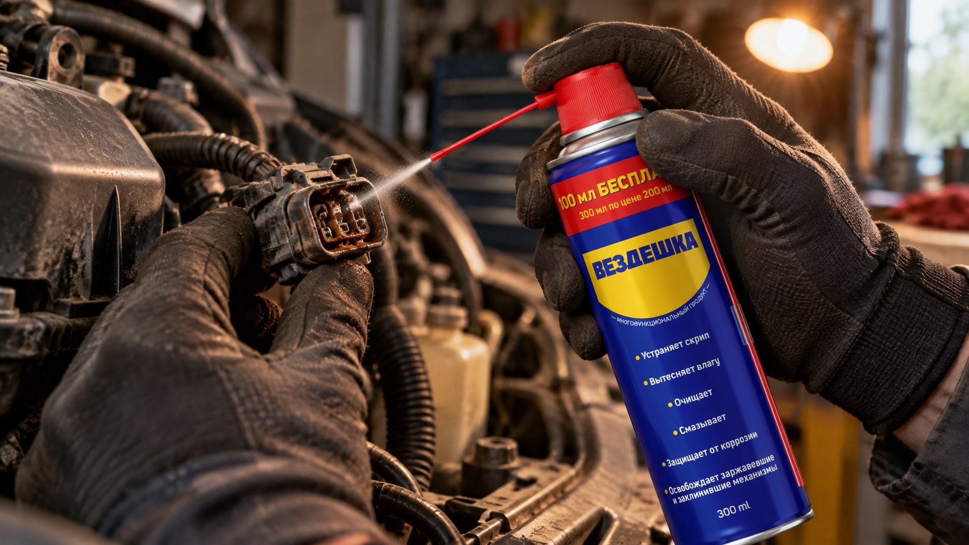 Рука в перчатке наносит универсальную смазку WD40 на контакты.