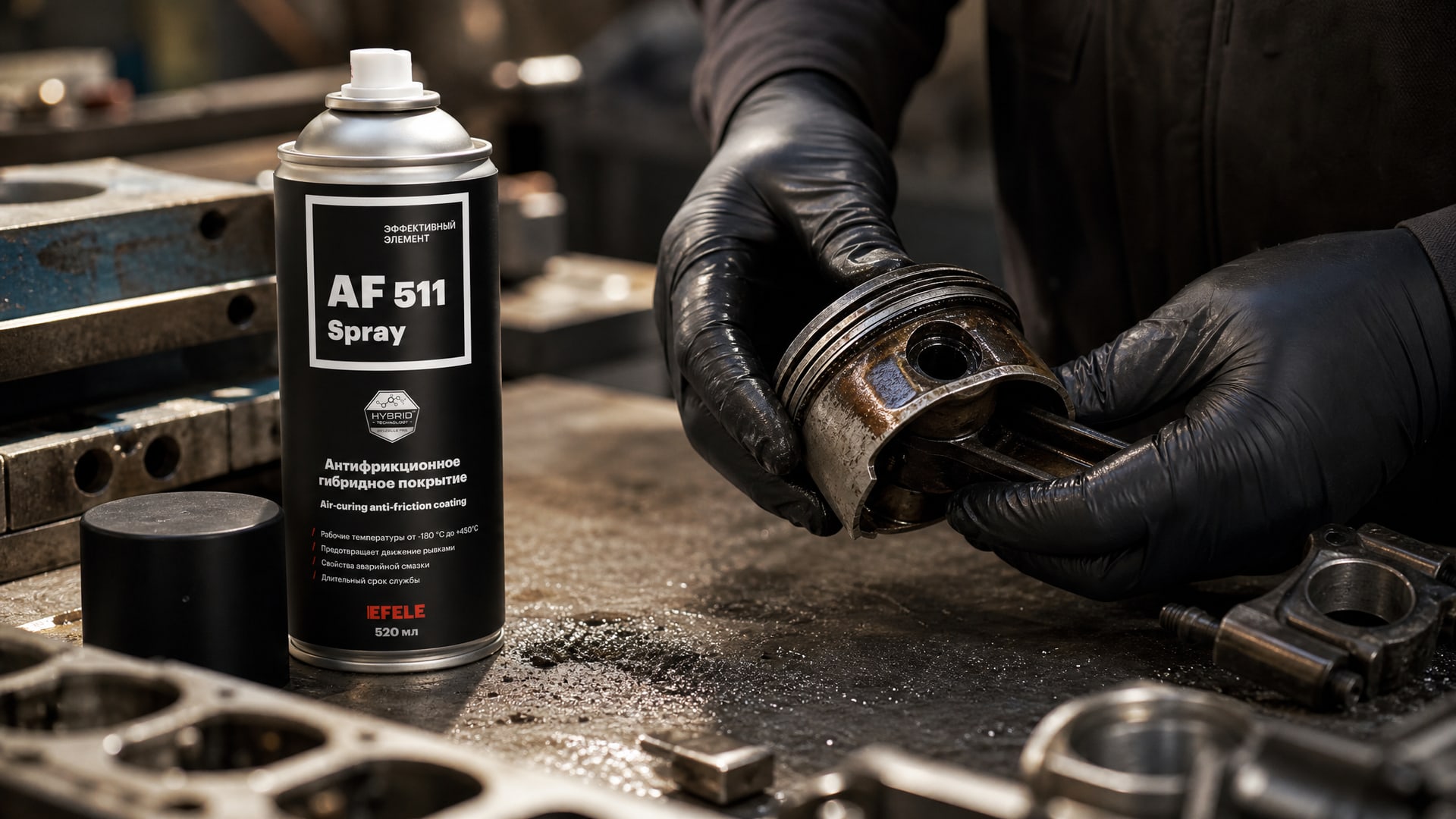 Рука в перчатке наносит EFELE AF-511 Spray на деталь для защиты от отслаивания покрытия двигателя.