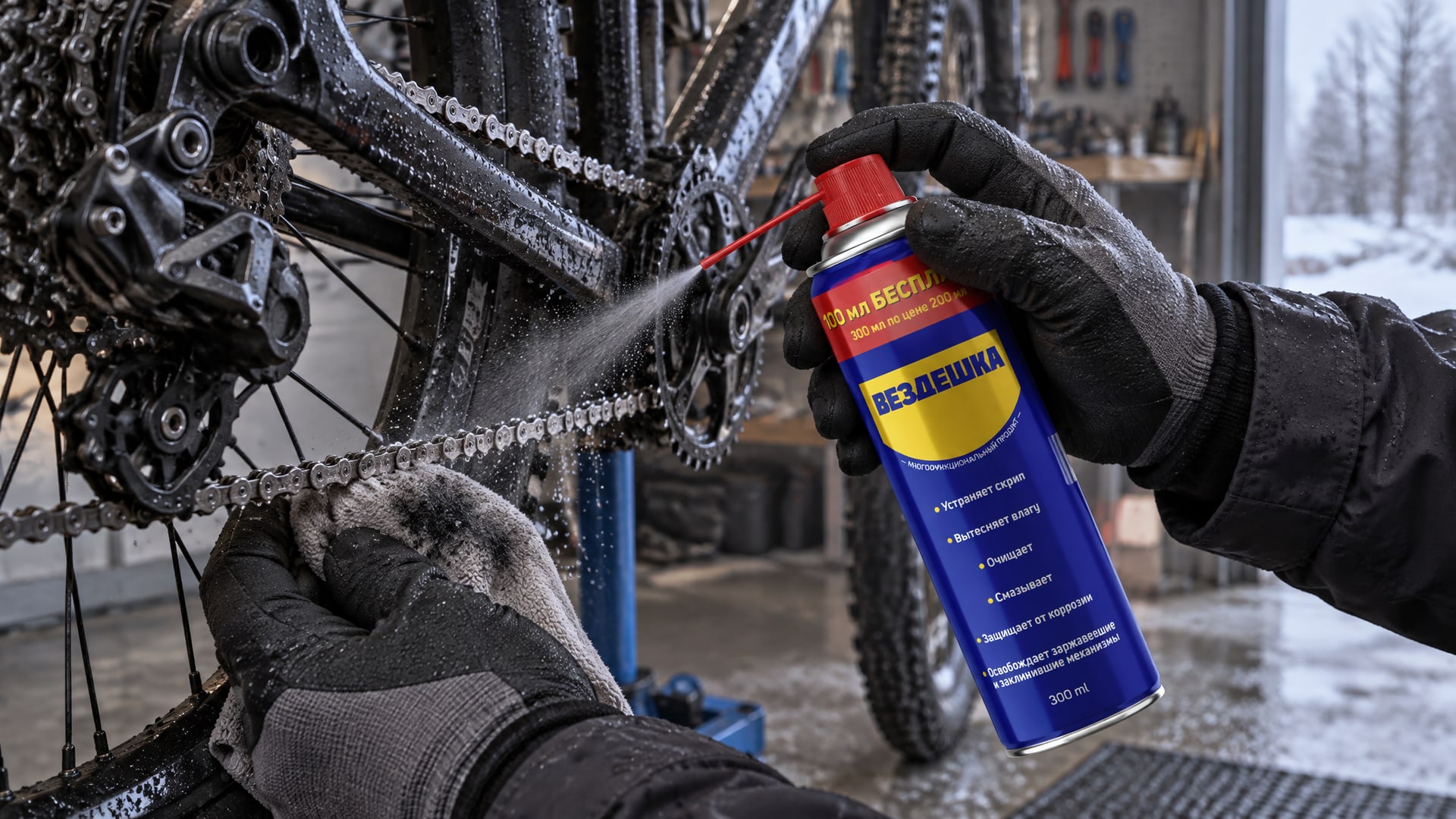 Рука в перчатке наносит WD-40 на металлические части велосипеда.