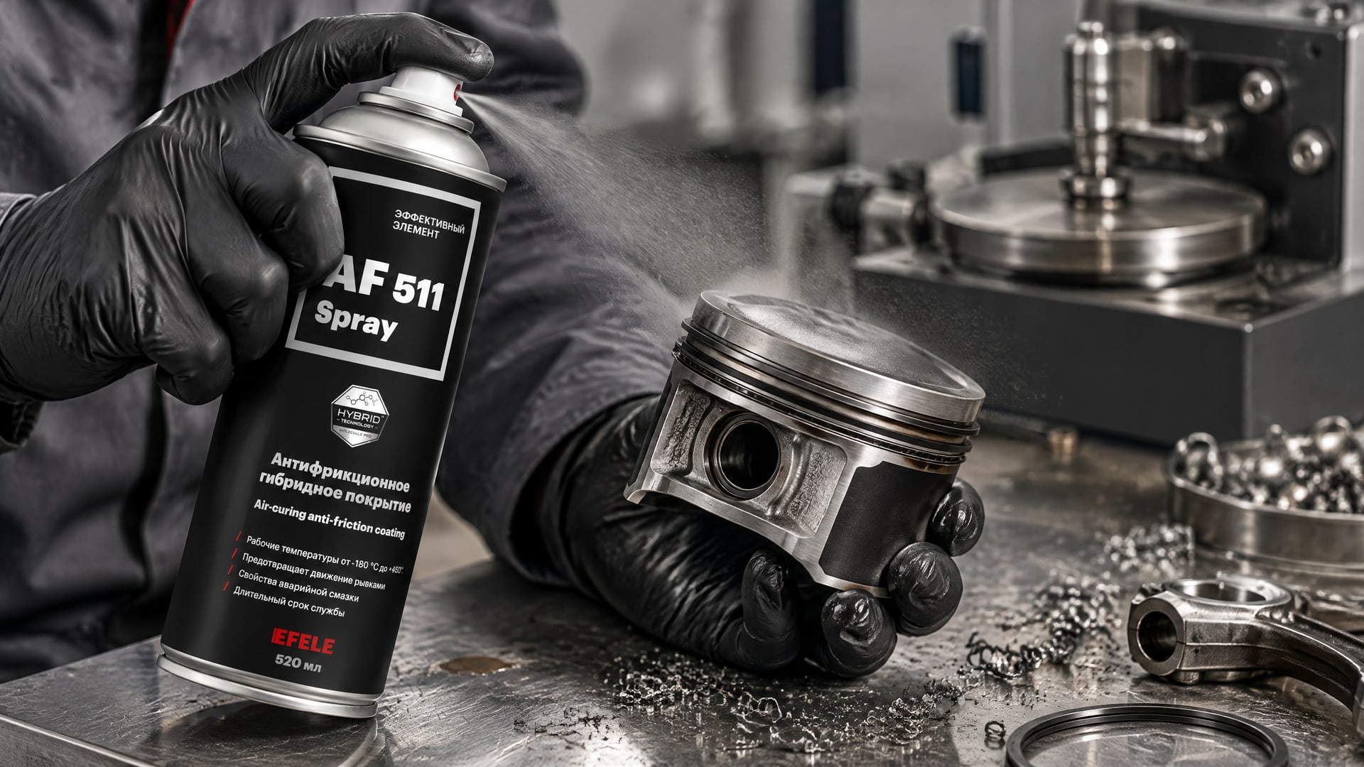 Рука в перчатке наносит EFELE AF-511 Spray на поршни.