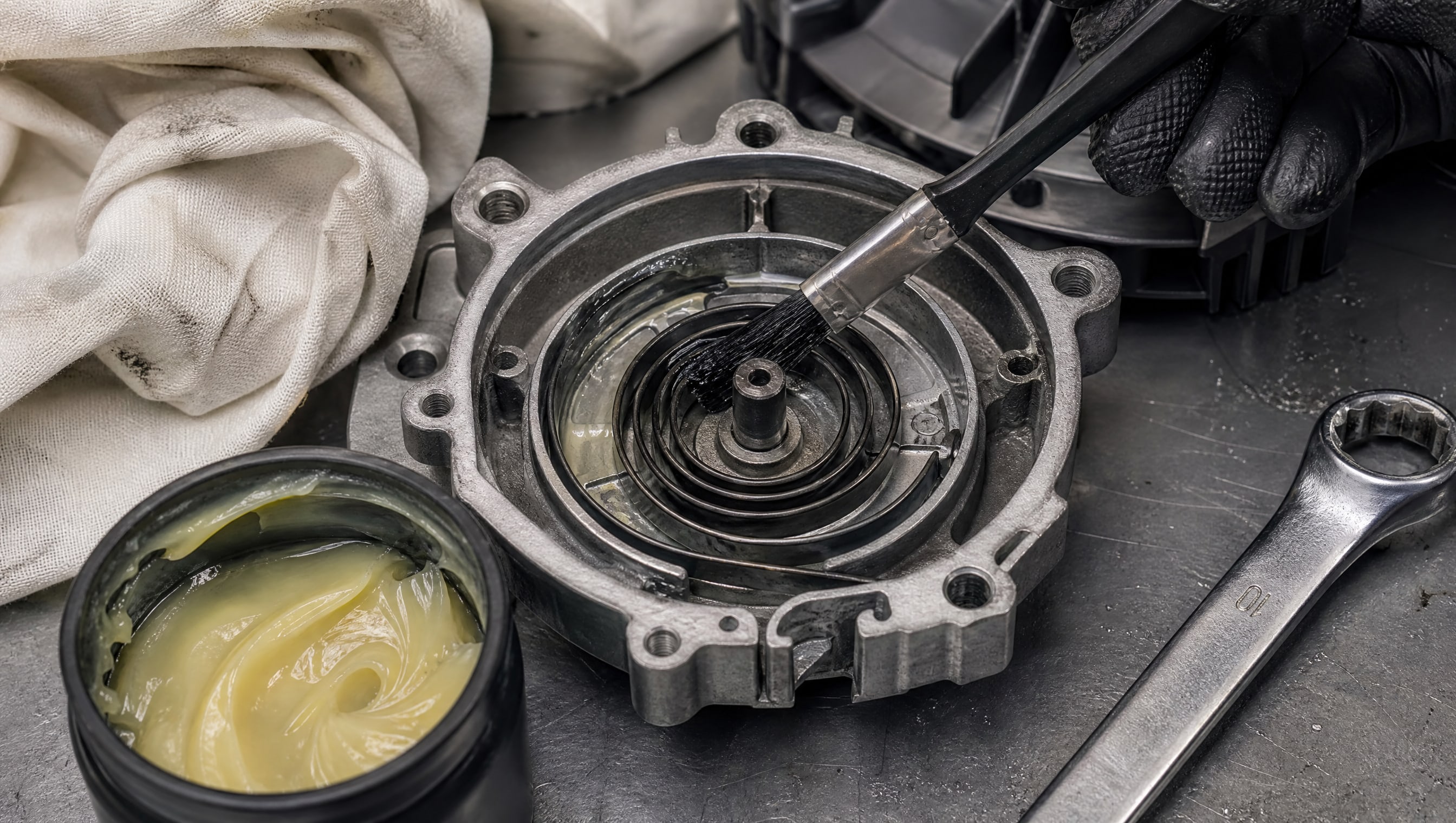 Набор инструментов и часть двигателя газонокосилки, готовые для смазки.