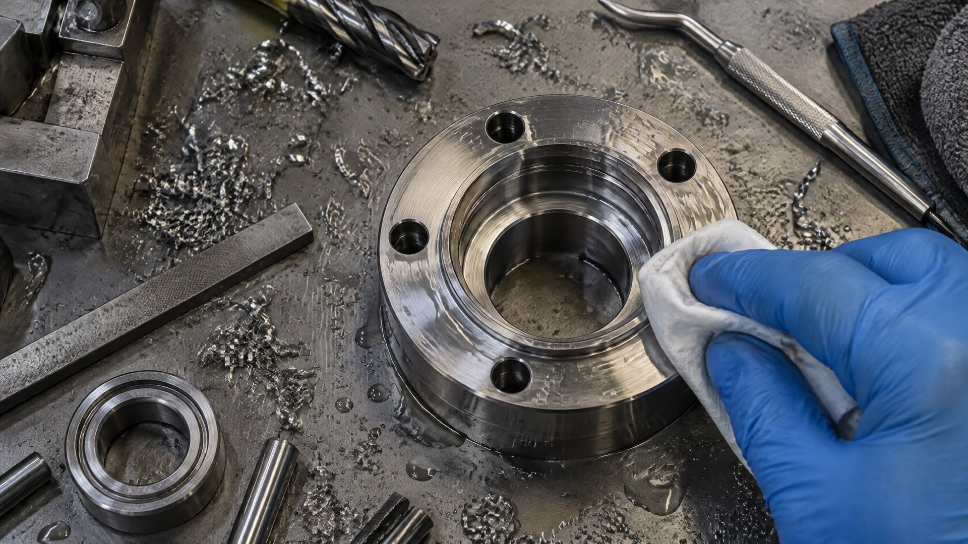 Металлические детали, стружка и прозрачная смазочно-охлаждающая жидкость, предотвращающая запах СОЖ.