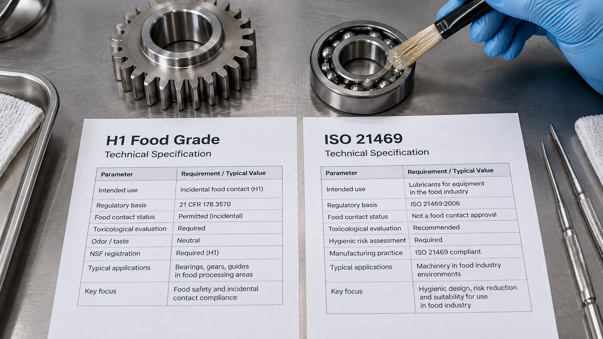 На чистом столе лежат стальная шестерня, подшипник и два разных листа технических параметров, аналоги пищевых смазок.