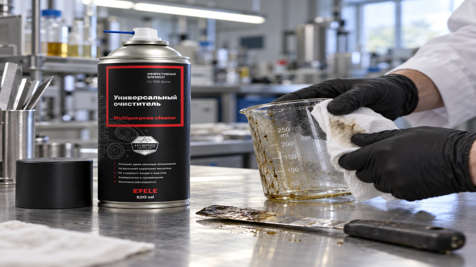 Рука в перчатке наносит средство EFELE CL-545 Spray для очистки оборудования.