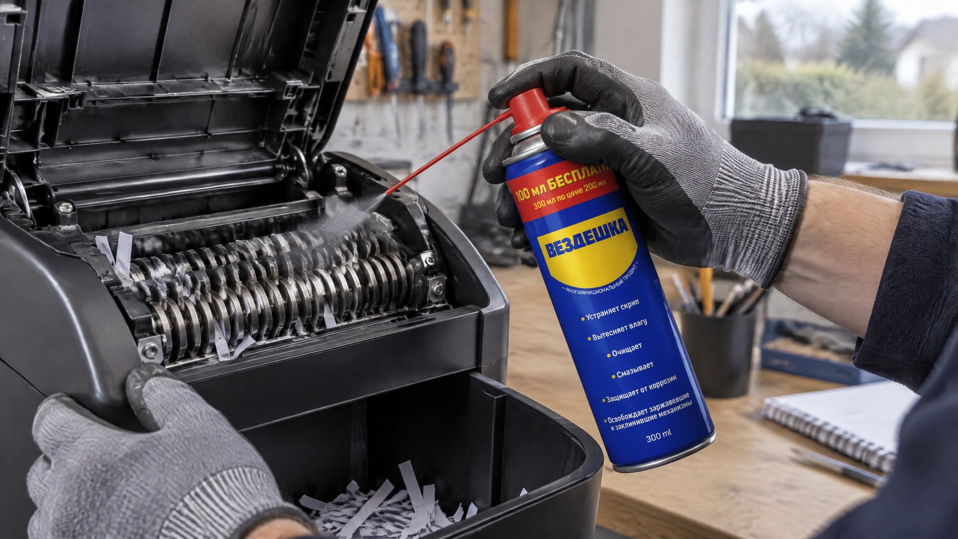 Рука в перчатке наносит универсальную смазку wd-40 на шредер.